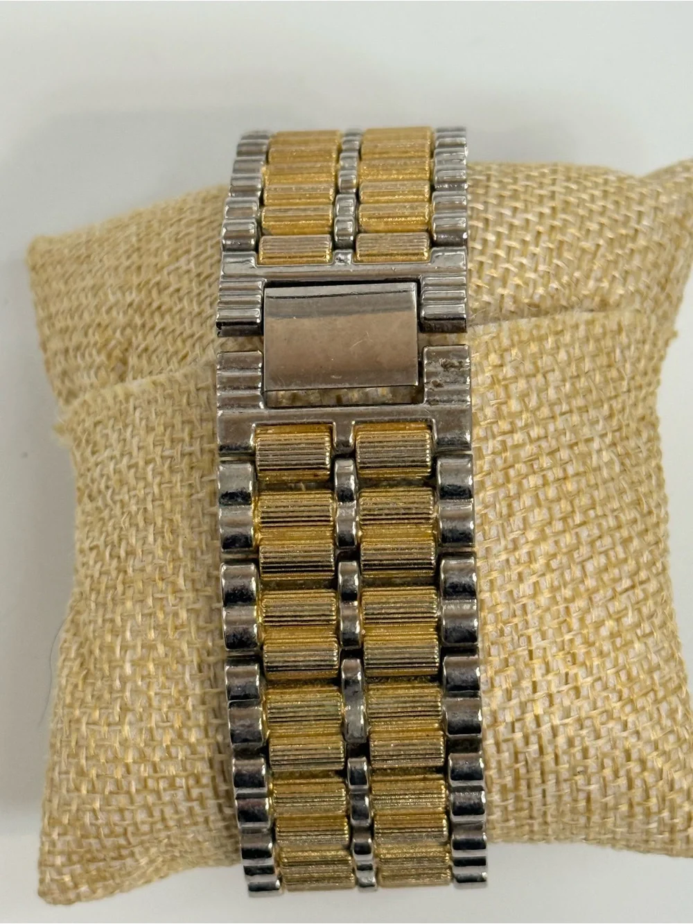 vintage John Weitz two-tone watch rectangular case textured expansion band.